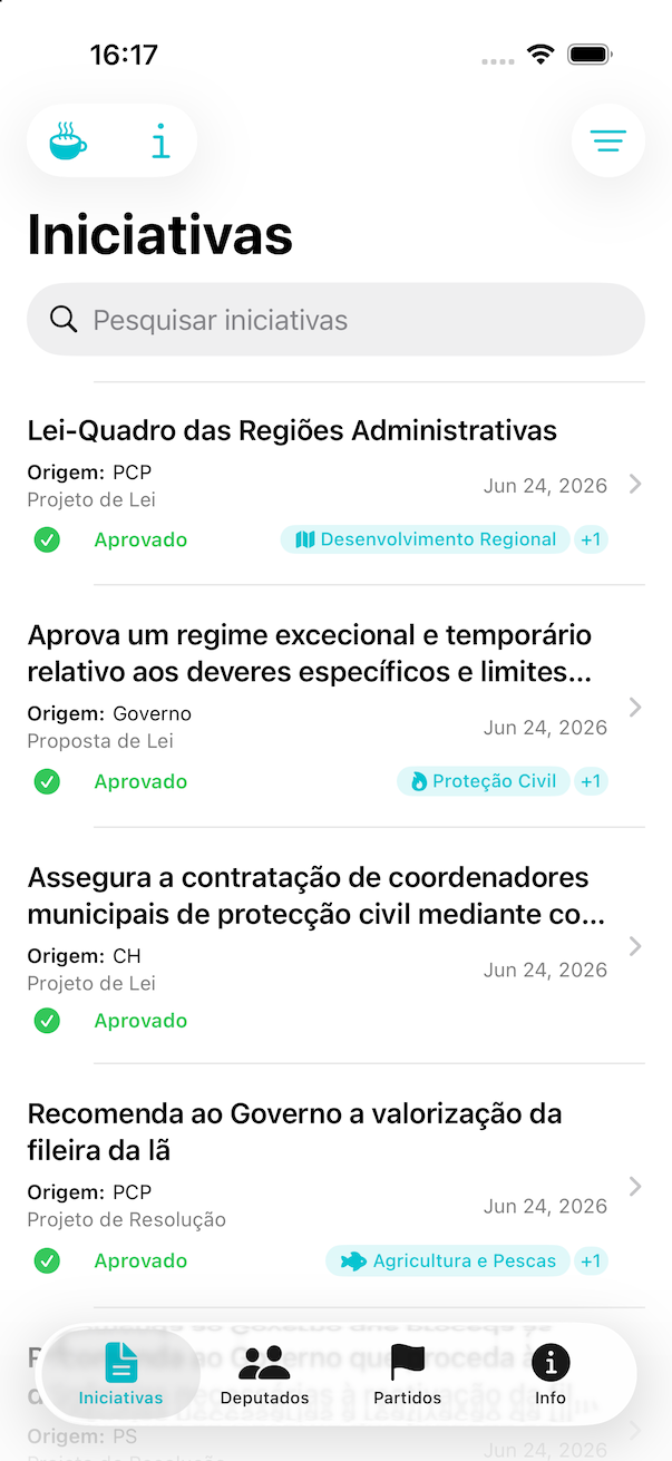 Lista de iniciativas legislativas, com pesquisa